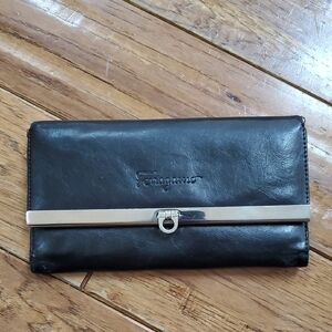 Ferragamo black leather tri fold wallet